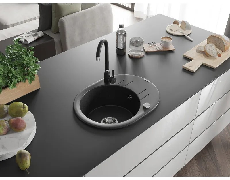Mexen Kevin, drez granitový 586x458x190 mm, 1-komorový a čierna matná batéria Telma, čierna - strieborná metalíza, 6517-73-670200-70
