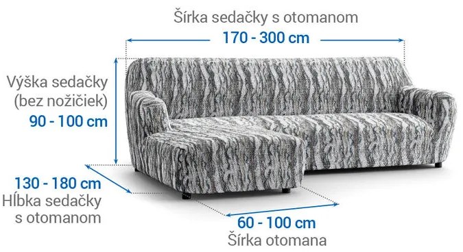 Bielastické poťahy OCEANO NOVÉ šedo-modré sedačka s otomanom vľavo (š. 170 - 300 cm)