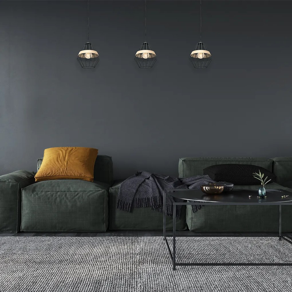 Závesné svietidlo Cliff, 1x drevené/čierne drôtené tienidlo, b