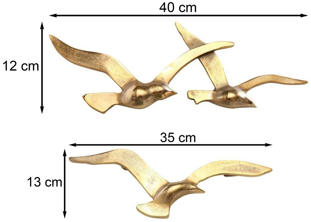 Kovová dekorácia na stenu Gold Birds 13x35 cm + 12x40 cm
