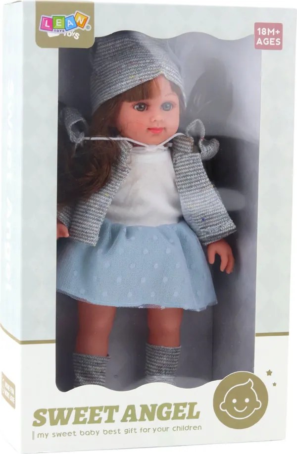 LEAN Toys Bábika v modrých šatách s čiapkou, svetríkom a rukavicami 36,5 cm