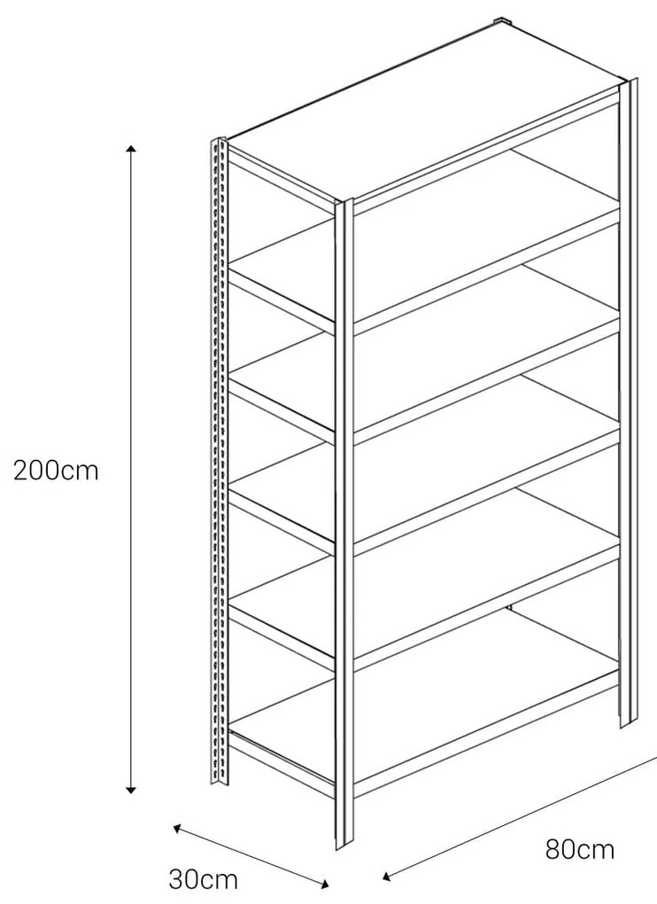 Bezskrutkový kovový regál 200x80x30cm T profil, 6 políc