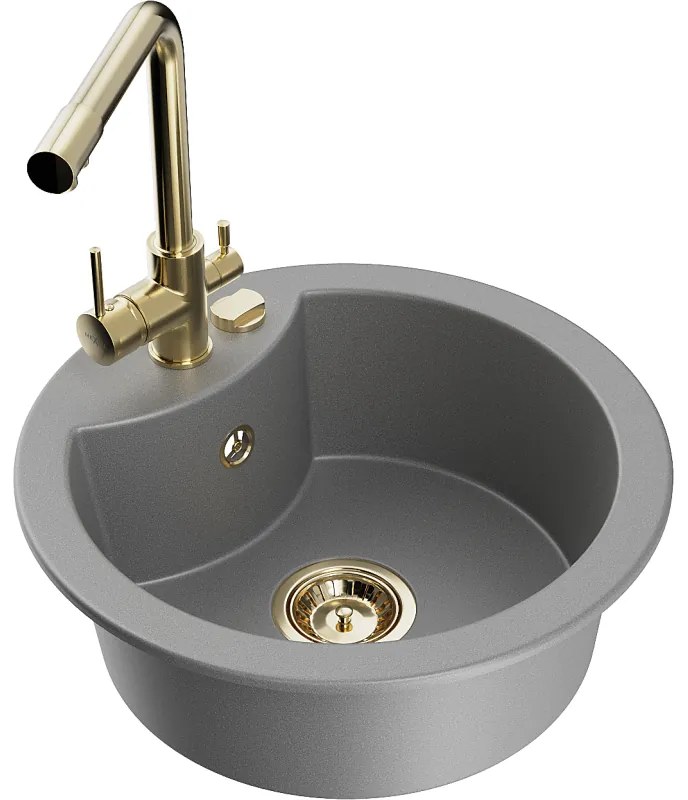 Mexen Diego, 1-komorový granitový drez 488x488x167 mm, zlatá batéria Duero, šedá, 6512-71-671600-50