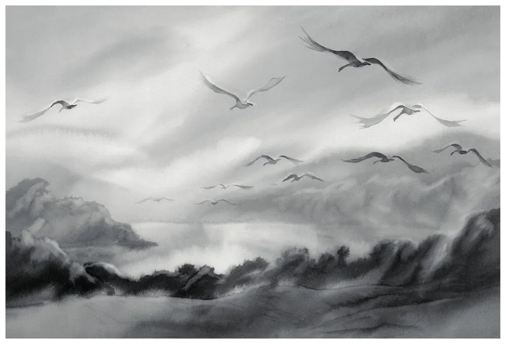 Samolepiaca tapeta prelet vtákov v čiernobielom prevedení