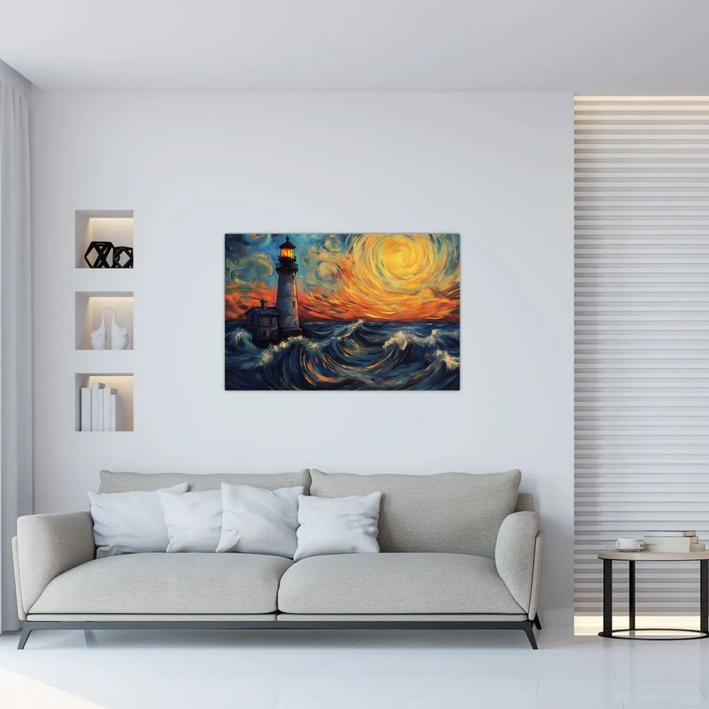 Obraz - Maják vo vlnách (90x60 cm)