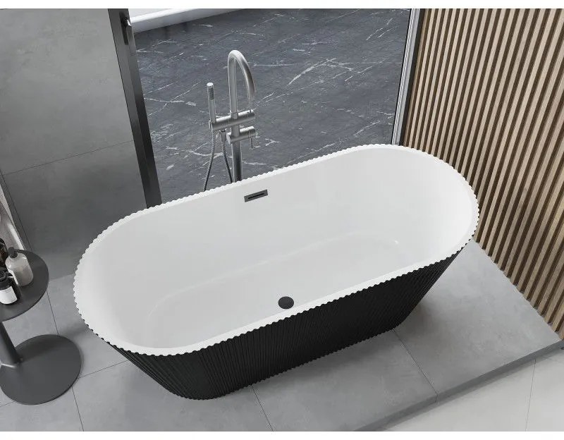 Mexen Yara, voľne stojaca ryhovaná vaňa 170 x 75 cm, biela-čierna, grafitový prepad, 52861707575-95