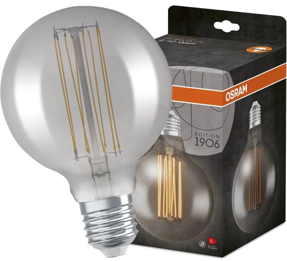 Dekoratívna LED žiarovka E27 G125 11W = 42W 500lm 1800K Warm 320° Filament Dimmable OSRAM Vintage 1906