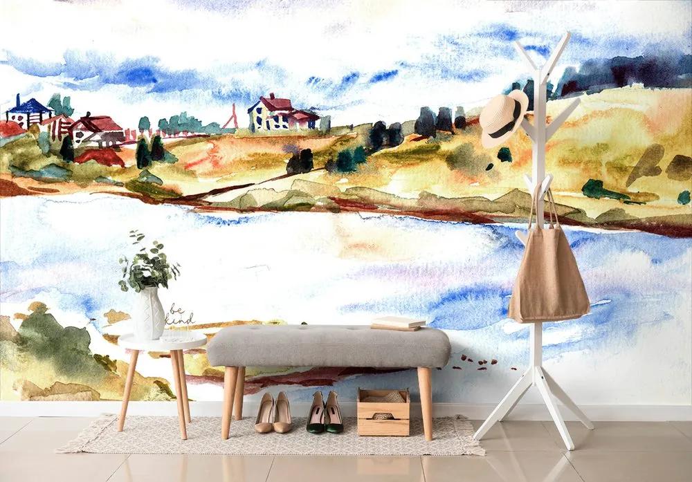 Originálna samolepiaca tapeta maľba dediny na brehu rieky