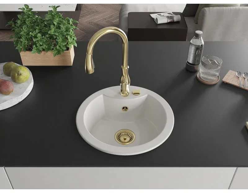 Mexen Diego, 1-komorový granitový drez 488x488x167 mm a drezová batéria Savita, biela, 6512-20-672601-50