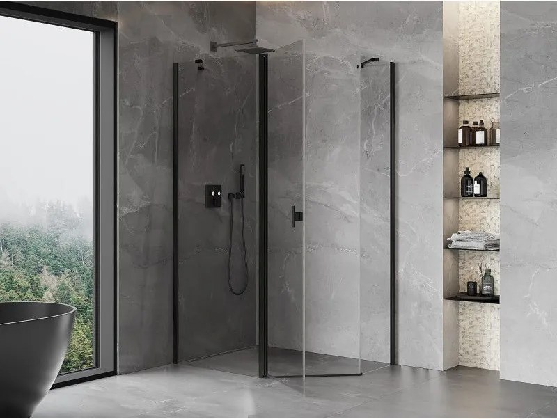 Mexen Mist, päťuholníkový sprchový kút výklopný 90 x 80 cm, číre sklo, čierny profil, 8A8-090-080-70-00