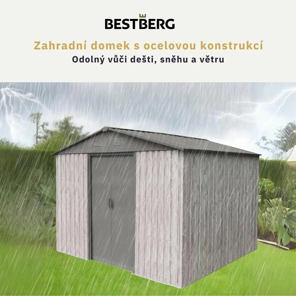 Záhradný domček BestBerg ZDB-7SD / 7,2 m² / 301 x 238 x 214 cm / dekor biele drevo / sivá