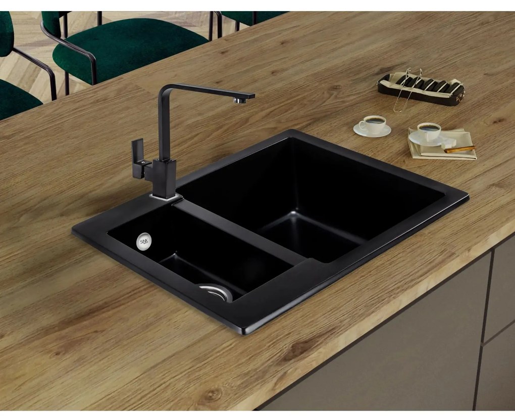 Sink Quality Ferrum, kuchynský granitový drez 605x495x210 mm + čierny sifón, čierna, SKQ-FER.C.5KBO.XB