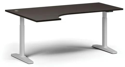 Výškovo nastaviteľný stôl, elektrický, 675-1325 mm, rohový ľavý, doska 1800x1200 mm, biela podnož, wenge