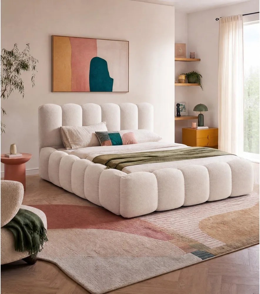 Krémová čalúnená dvojlôžková posteľ s úložným priestorom s roštom 180x200 cm Lupine – Micadoni