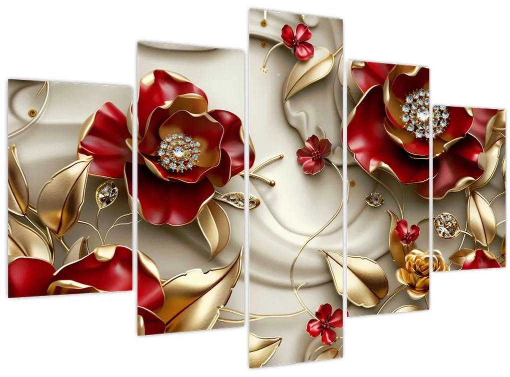 Obraz - 3D Červeno-zlaté kvety (150x105 cm)