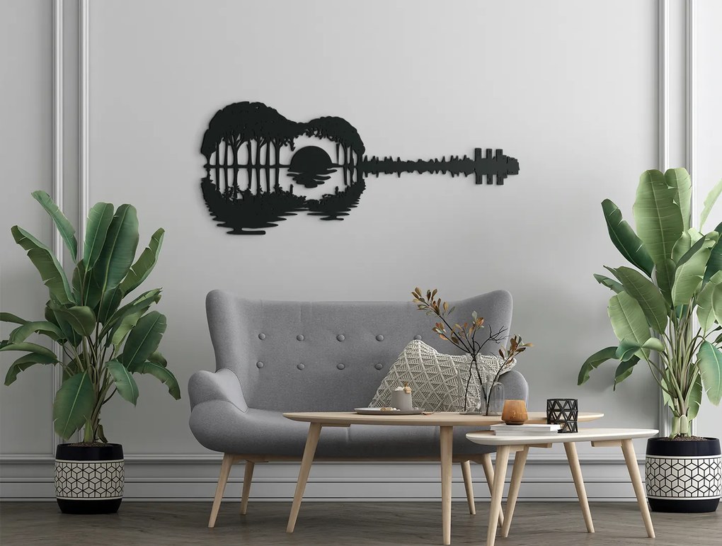 drevko Drevená nálepka na stenu Gitara Rozmer obrazu: 27 x 65 cm, Farba dekorácie: Čierna