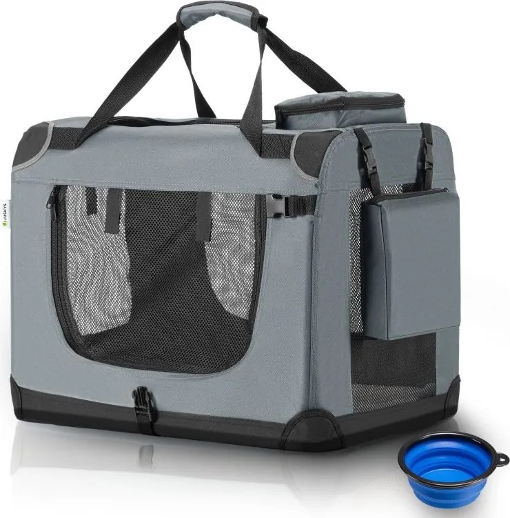 Skladací prepravný box pre psov, sivý, s posteľou, veľkosť M