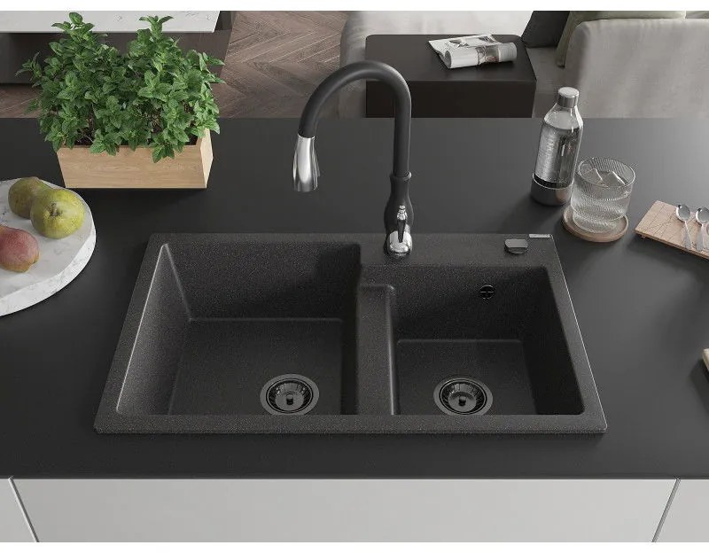 Mexen Tomas, granitový drez 800x500x190 mm, 2-komorový a drezová batéria Savita, čierna škvrnitá, 6516-76-672601-70-B