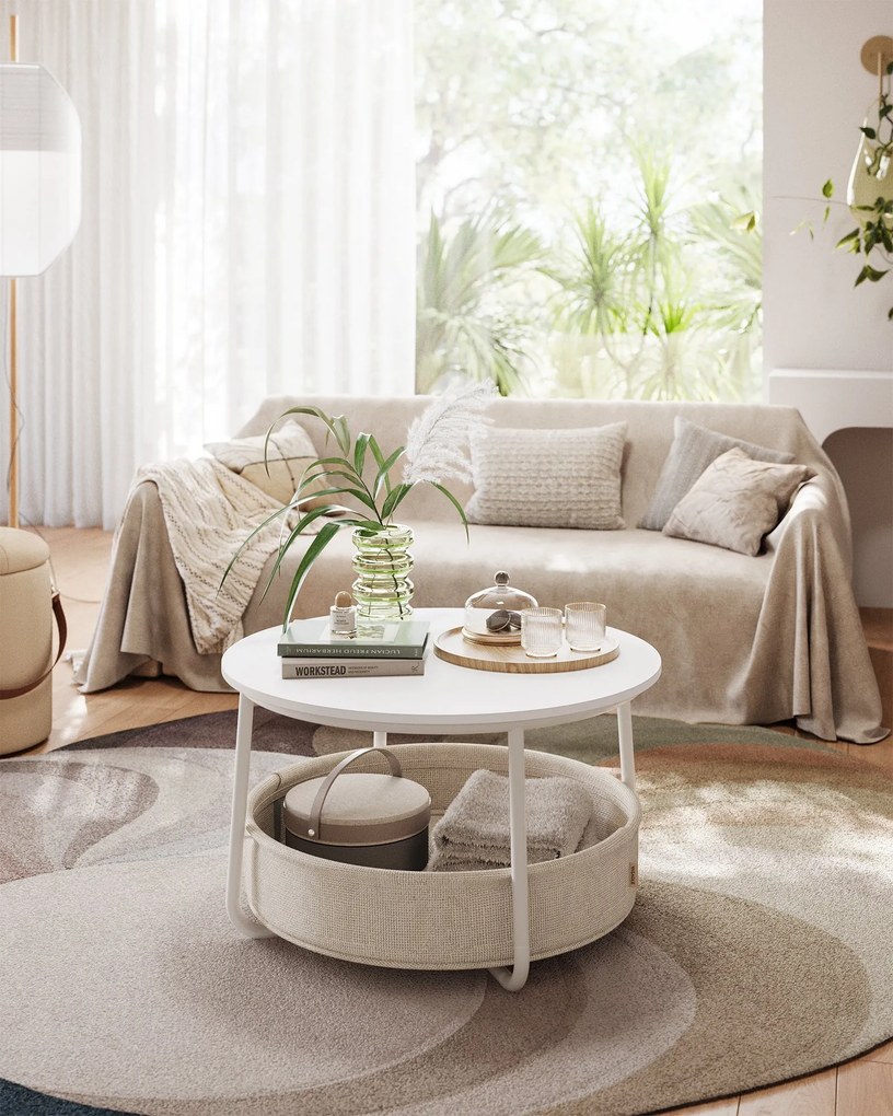 Kruhový konferenčný stolík so skladovaním, matná biela a kamelová hnedá farba