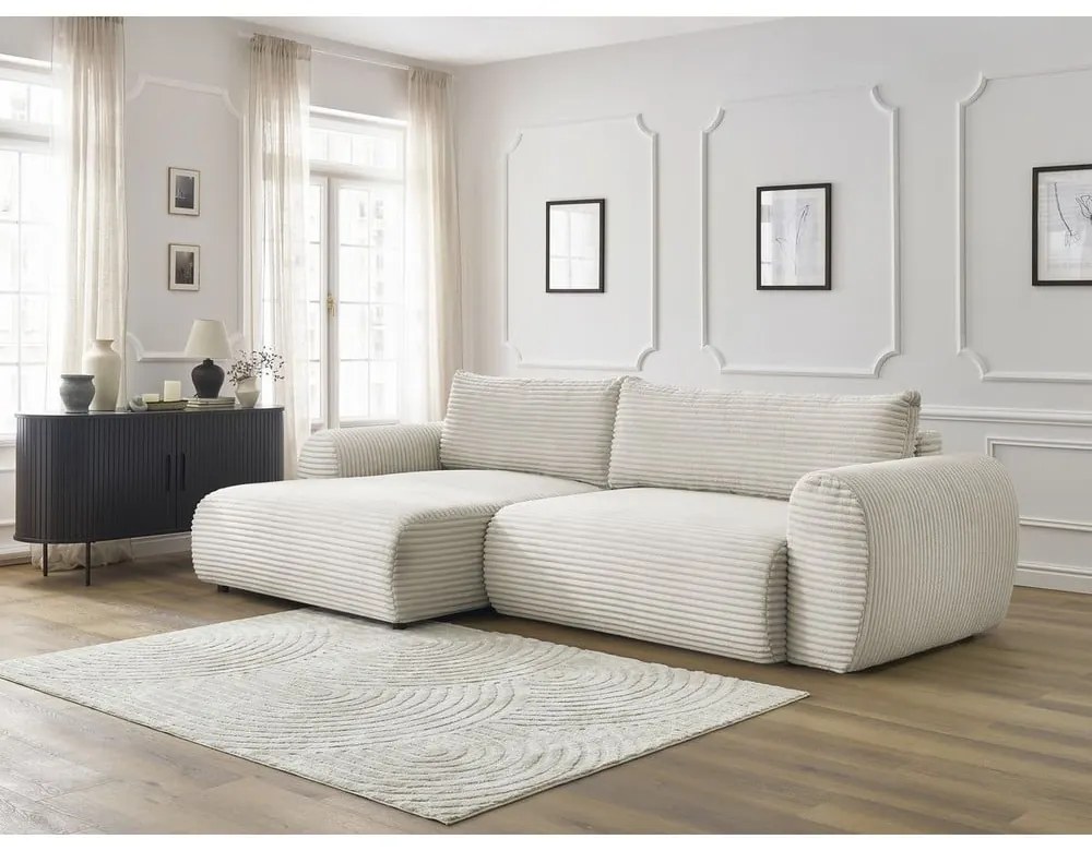 Krémová menčestrová rozkladacia rohová pohovka (ľavý roh) Lucien – Bobochic Paris