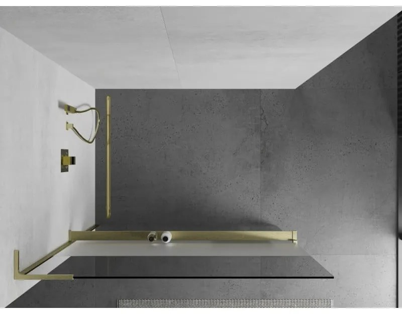Mexen Kioto+ L, sprchová zástena Walk-In s poličkou a vešiakom 90 x 200 cm, 8mm číre sklo-námraza, zlatý matný profil, 800-090-123-55-35
