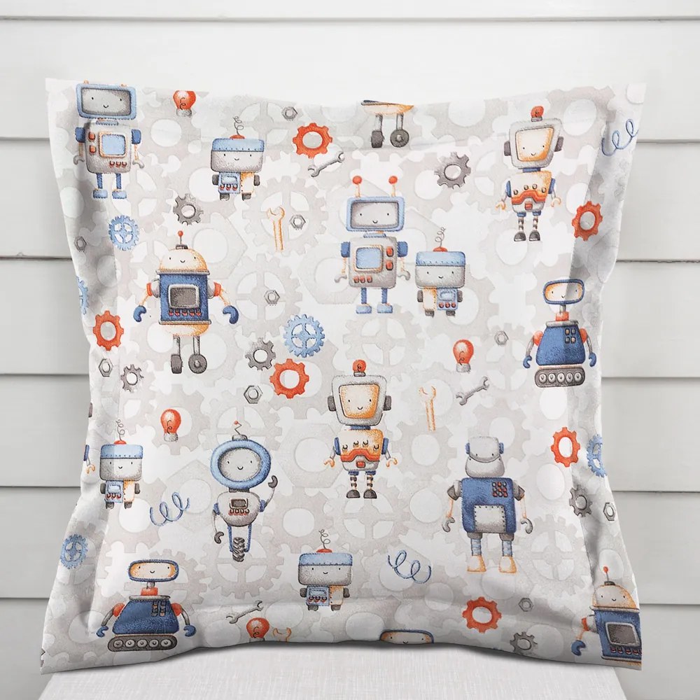 Biante Detská bavlnená obliečka na vankúš s lemom Sandra SA-584 Svet robotov na sivo-bielom 50 x 60 cm