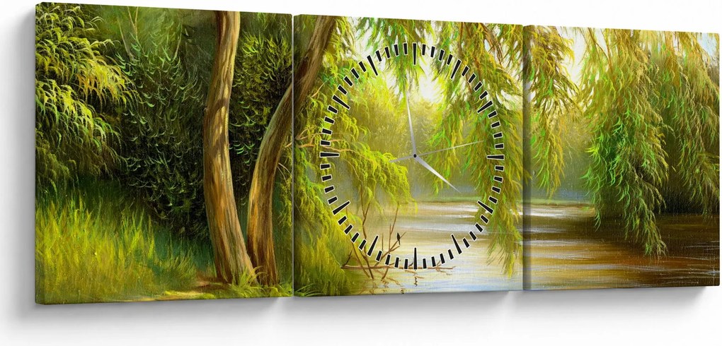 Obraz - Vŕba pri jazere, olejomaľba (s hodinami) (90x30 cm)