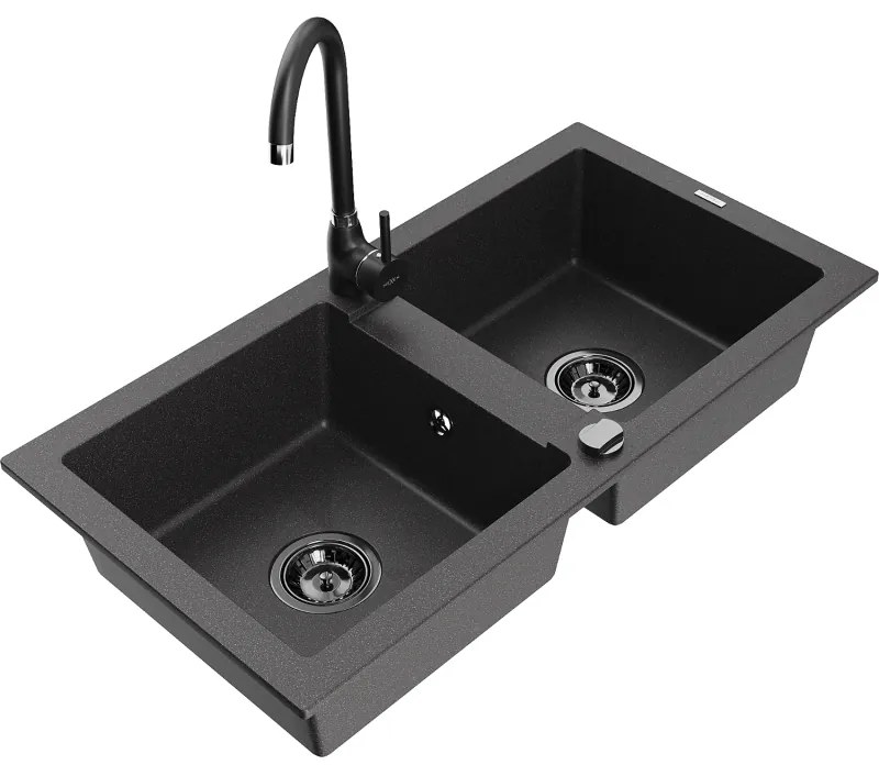 Mexen Mario, 2-komorový granitový drez 820x436x161 mm a čierna drezová batéria Telma, čierna škvrnitá, 6504-76-670200-70-B