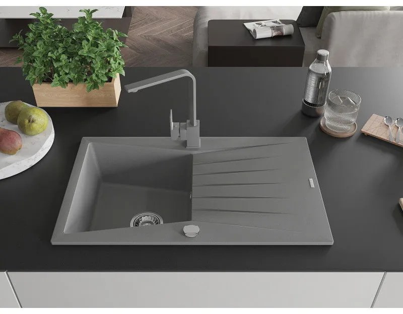 Mexen Cesar, granitový drez 775x470x190 mm, 1-komorový, šedá s chrómovým sifónom a šedá drezová batéria Rita, 6514-71-670300-70-B