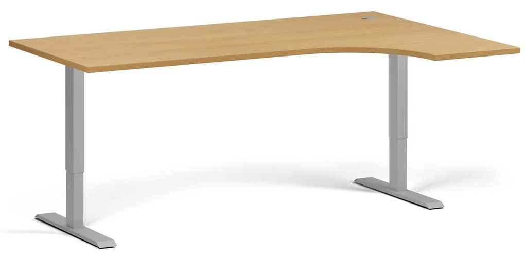 Rohový výškovo nastaviteľný stôl, 180x120 cm, 2 motory, L/P, sivá podnož, buk