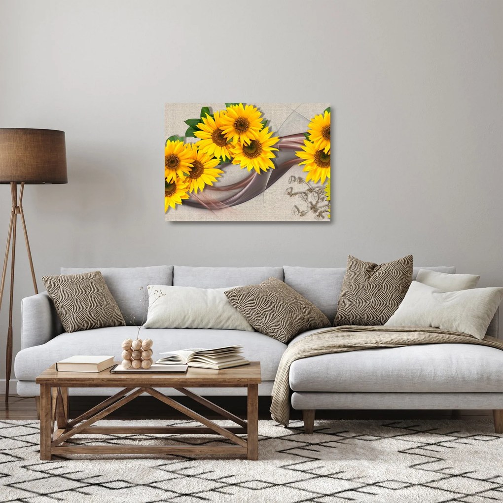 Sklenený obraz - Žiariace kvety slnečníc (70x50 cm)