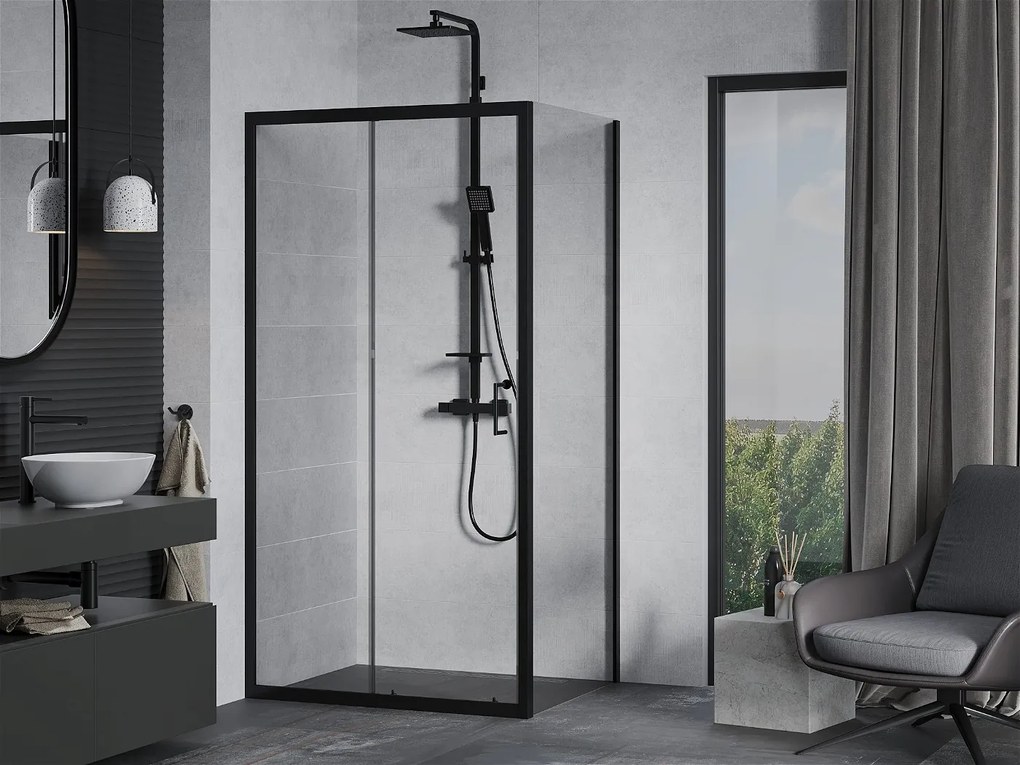 Mexen Apia sprchovací kút s posuvnými dverami 135 (dvere) x 90 (stena) cm, 5mm číre sklo, čierny profil, 840-135-090-70-00