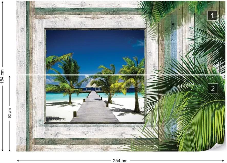 GLIX Fototapeta - Wood Plank Window Tropical Beach View Vliesová tapeta  - 254x184 cm