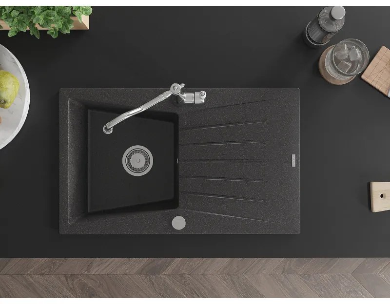 Mexen Cesar, 1-komorový granitový drez 775x470x190 mm a drezová batéria Carla, čierna škvrnitá, 6514-76-670700-00