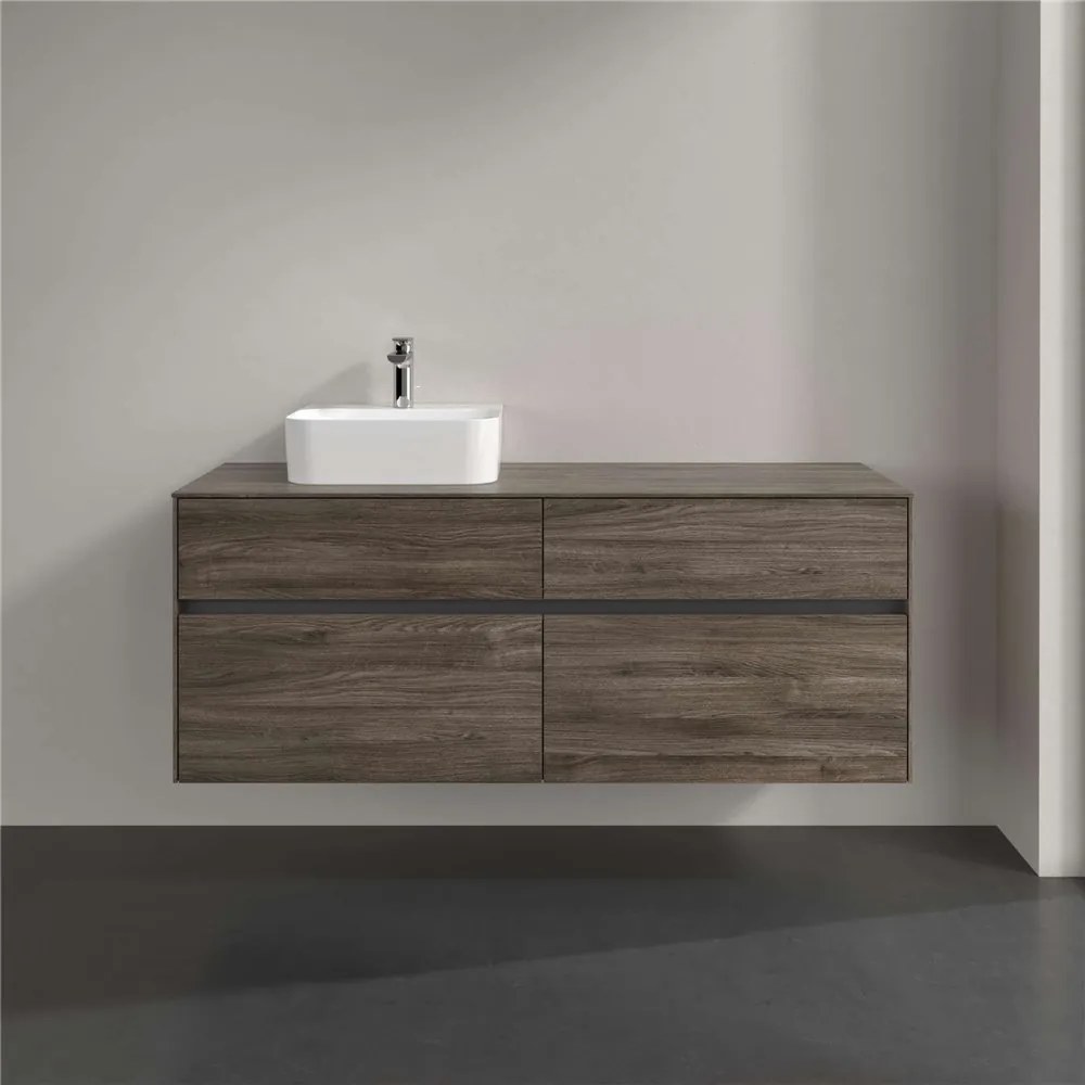 VILLEROY &amp; BOCH Collaro závesná skrinka pod umývadlo na dosku (umývadlo vľavo), 4 zásuvky, s LED osvetlením, 1400 x 500 x 548 mm, Stone Oak, C101B0RK