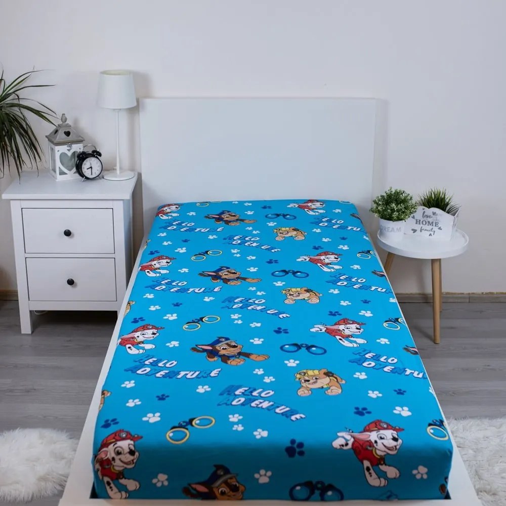 Modrá napínacia bavlnená detská plachta na jednolôžko 90x200 cm Paw Patrol – Jerry Fabrics