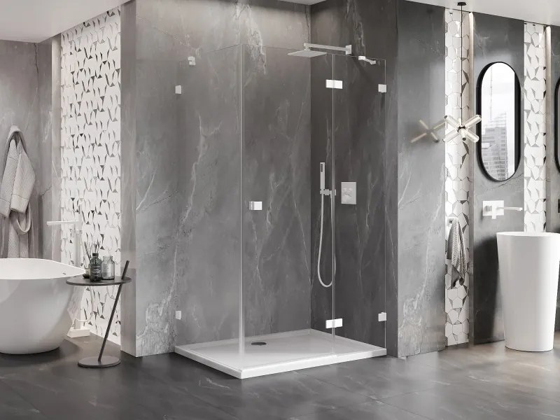 Mexen Lunar, pravostranný výklopný sprchový kút 75 x 90 cm, 8mm číre sklo, biely profil, 834-075-090-20-00-P