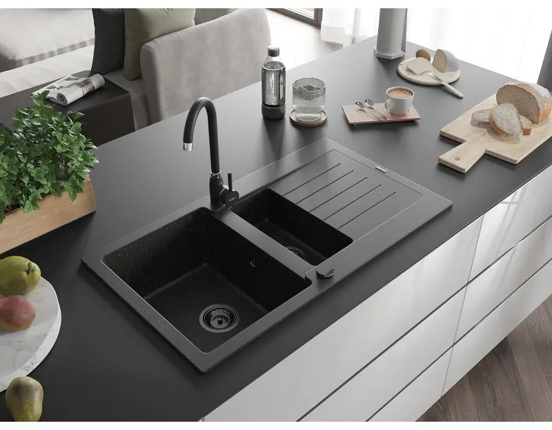 Mexen Matias, granitový drez 900x505x200 mm, 1,5-komorový a čierna batéria Telma, čierna-zlatá metalíza, 6502-75-670200-70-B