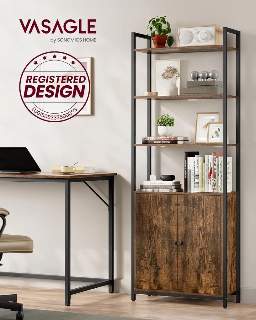 Knižnica, 6-úrovňová stojaca polica s dvierkami, 24 × 60 × 159,5 cm, rustikálna hnedá