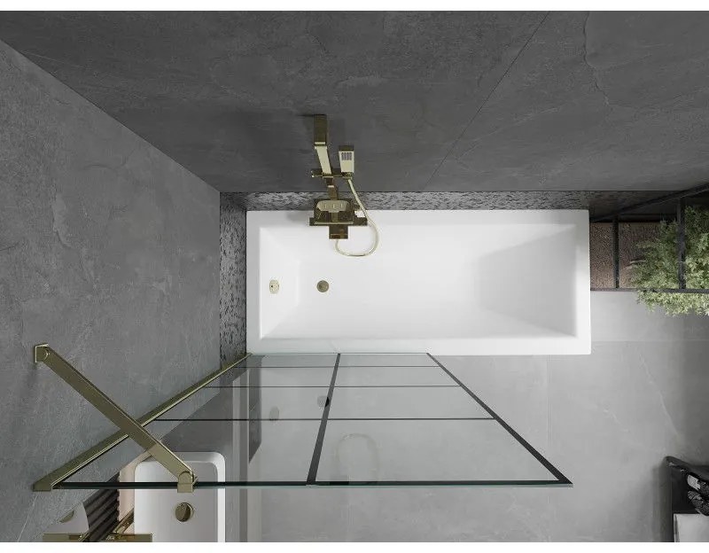 Mexen Next, vaňová zástena 1-krídlová 90 x 150 cm, fixné krídlo, 6 mm číre sklo s čiernym vzorom, zlatý profil, 895-090-000-00-77-50