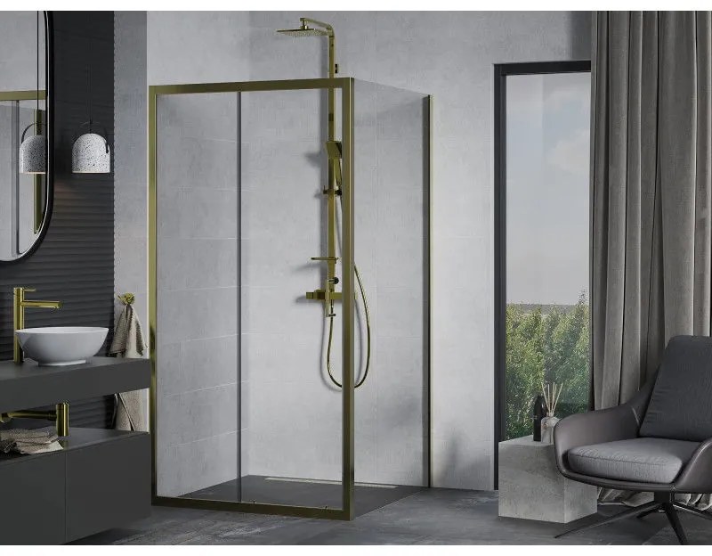 Mexen Apia, sprchový kút s posuvnými dverami 100 (dvere) x 100 (stena) cm, 6mm číre sklo, zlatý profil, 840-100-100-50-00