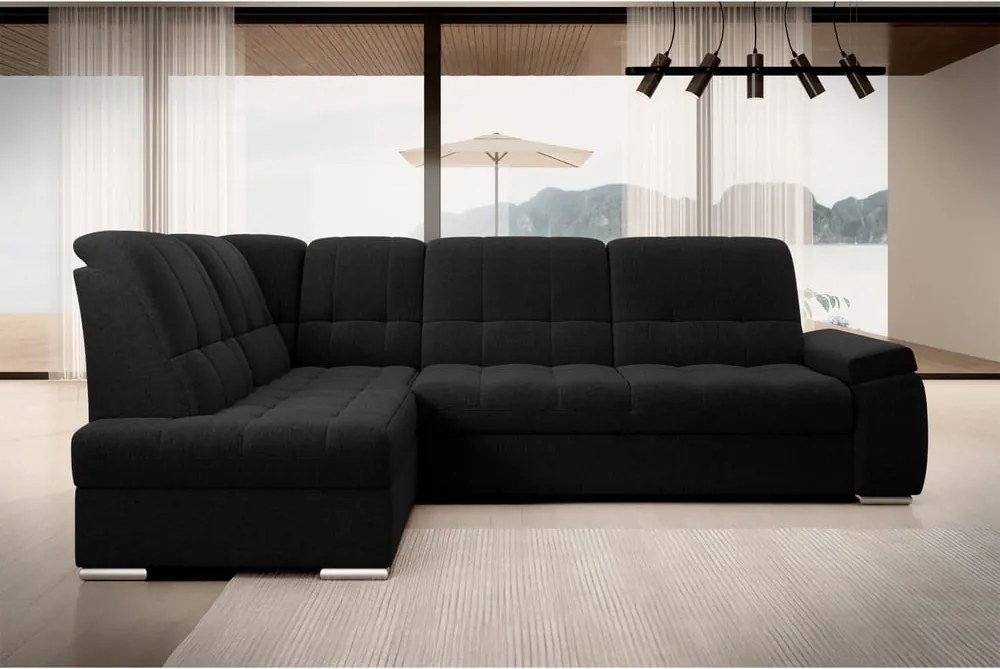 Čierna rozkladacia/s úložným priestorom rohová pohovka (ľavý roh/do L) Sado – ELTAP