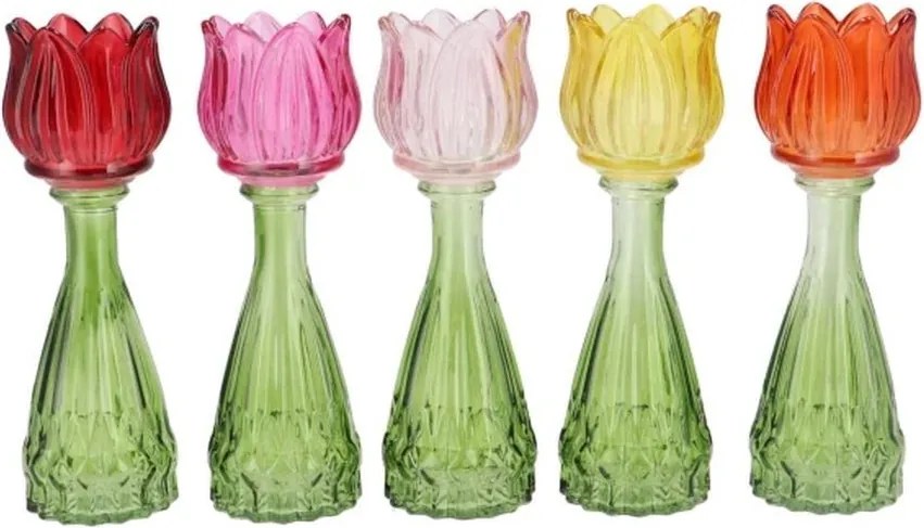 5ks farebný mix sklenený svietnik/ váza tulipán Love Tulip - Ø 7*18 cm