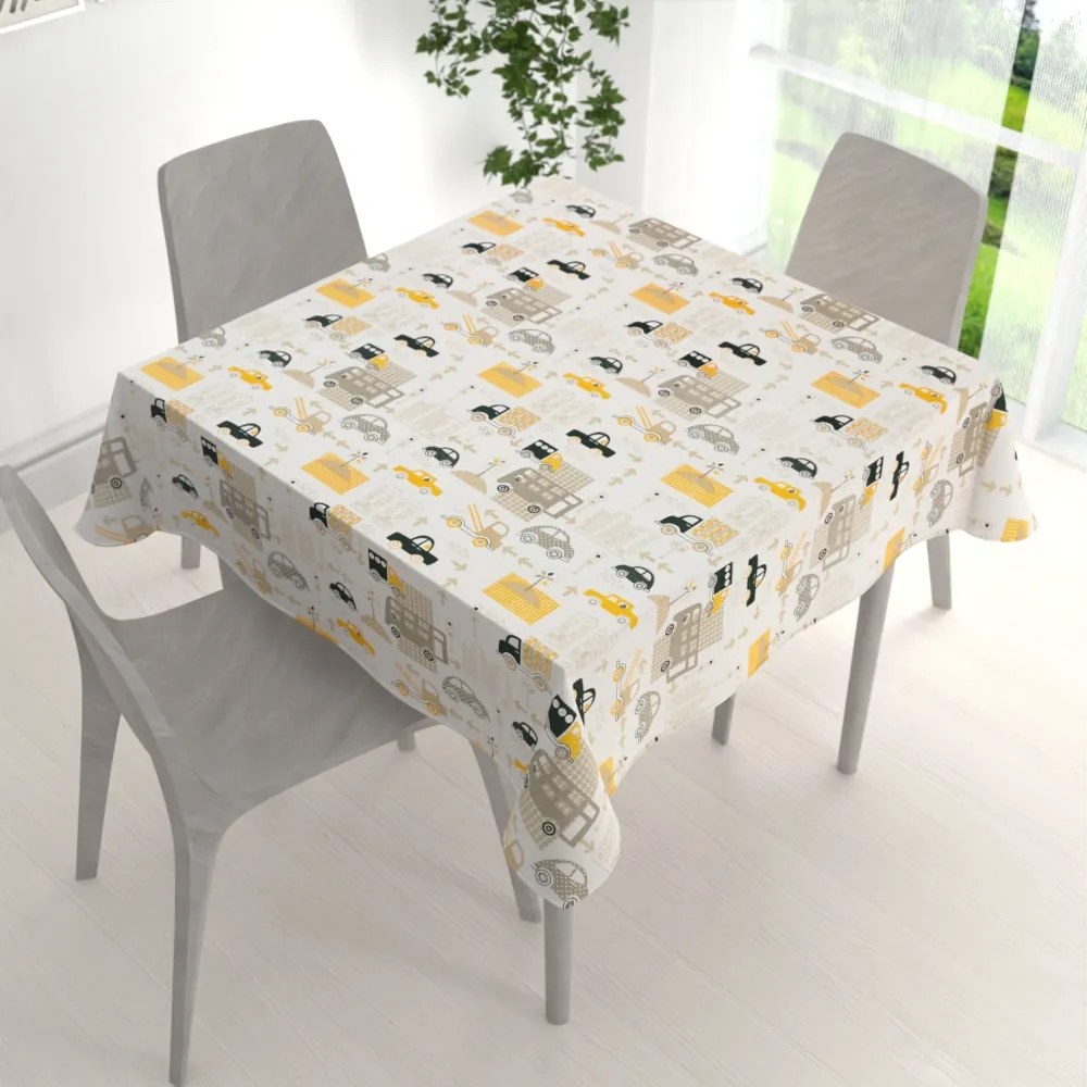Biante Detský bavlnený štvorcový obrus Sandra SA-672 Žlté a sivohnedé autá v meste na bielom 70x70 cm