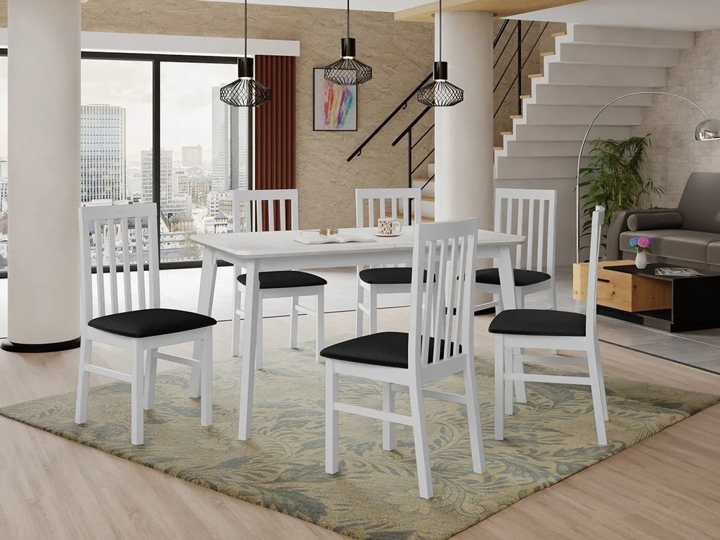 Rozkladací stôl so 6 stoličkami AL16, Morenie: biela, Poťahové látky: 26x - Kronos 22, Farby nožičiek: čierna
