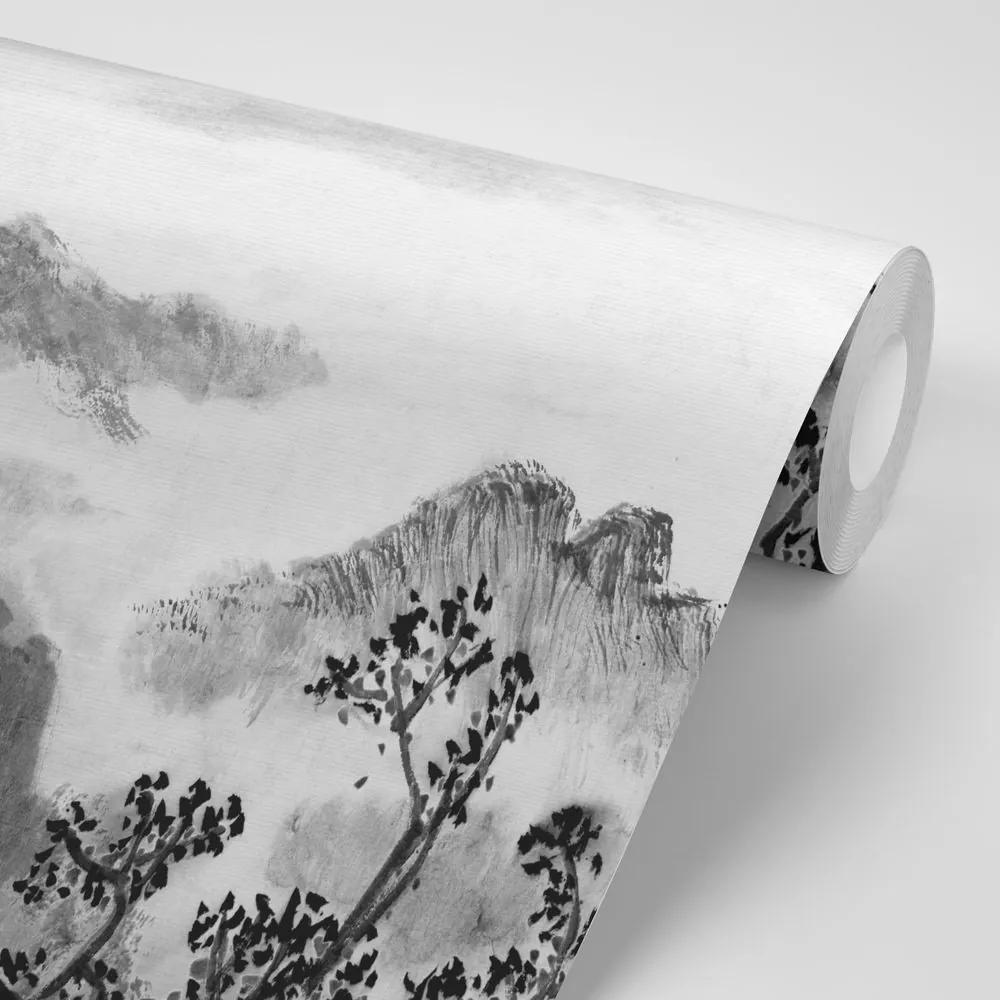 Samolepiaca tapeta čiernobiela čínska maľba krajiny - 375x250