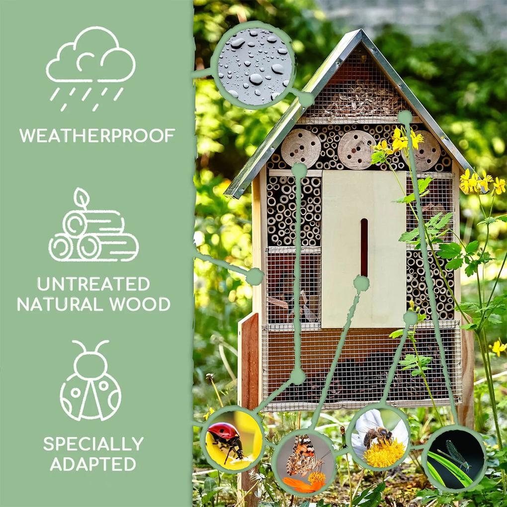 Domček pre hmyz, plechová strecha, vrátane nožičiek, celoročne obývateľný, borovicové drevo