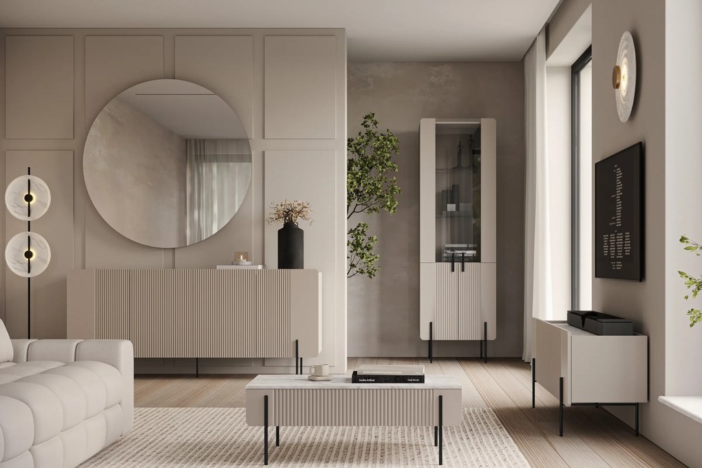 Komoda Malmi 200 cm štvordverová - kašmír / crema bianca / čierne nožičky