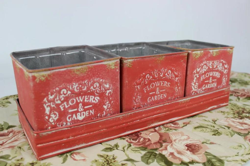 Červené hranaté plechové vintage kvetináče 3-set