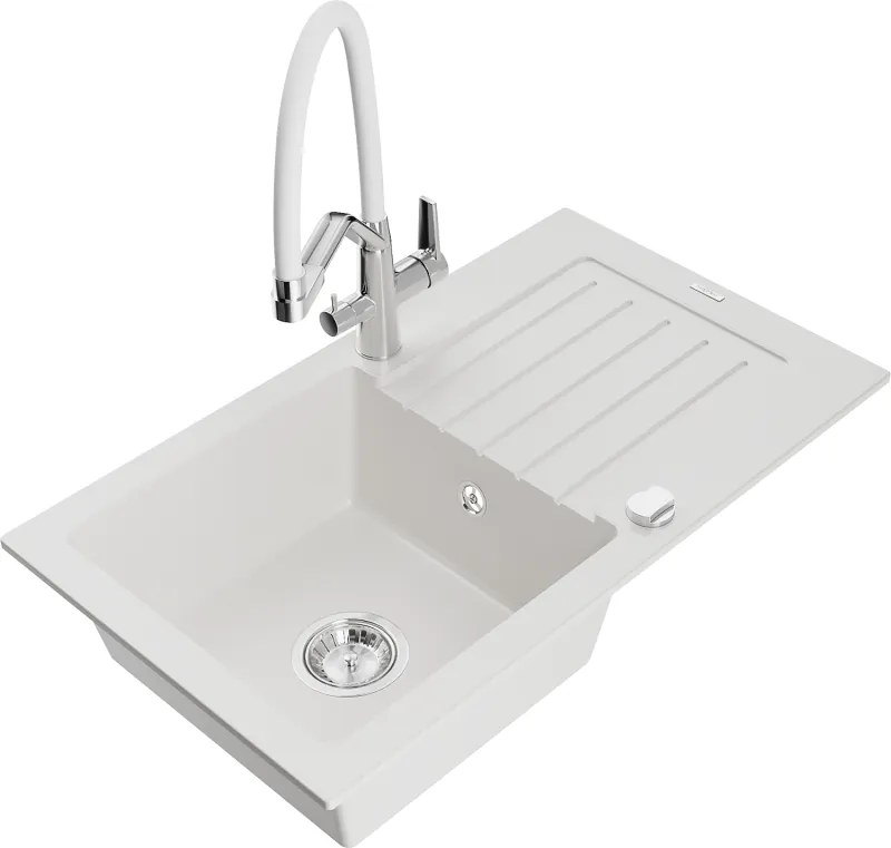 Mexen Pablo granitový jednokomorový drez s odkvapkávačom a kuchynskou batériou Duo, Biela - 6510-20-671701-02